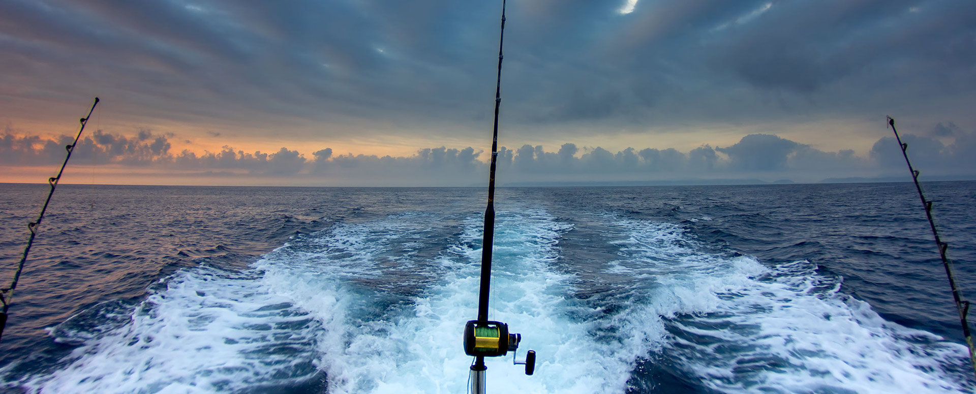 fishing rods set up at the back of the boat on a deep sea fishing excursion