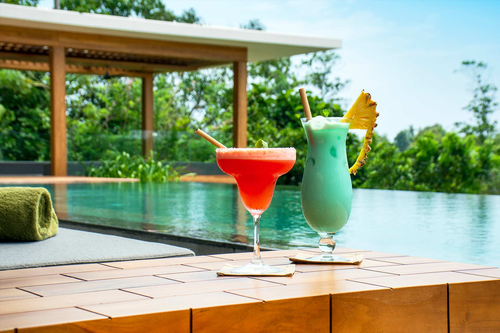 Cocktails and Mocktails served beside the Salt water pool