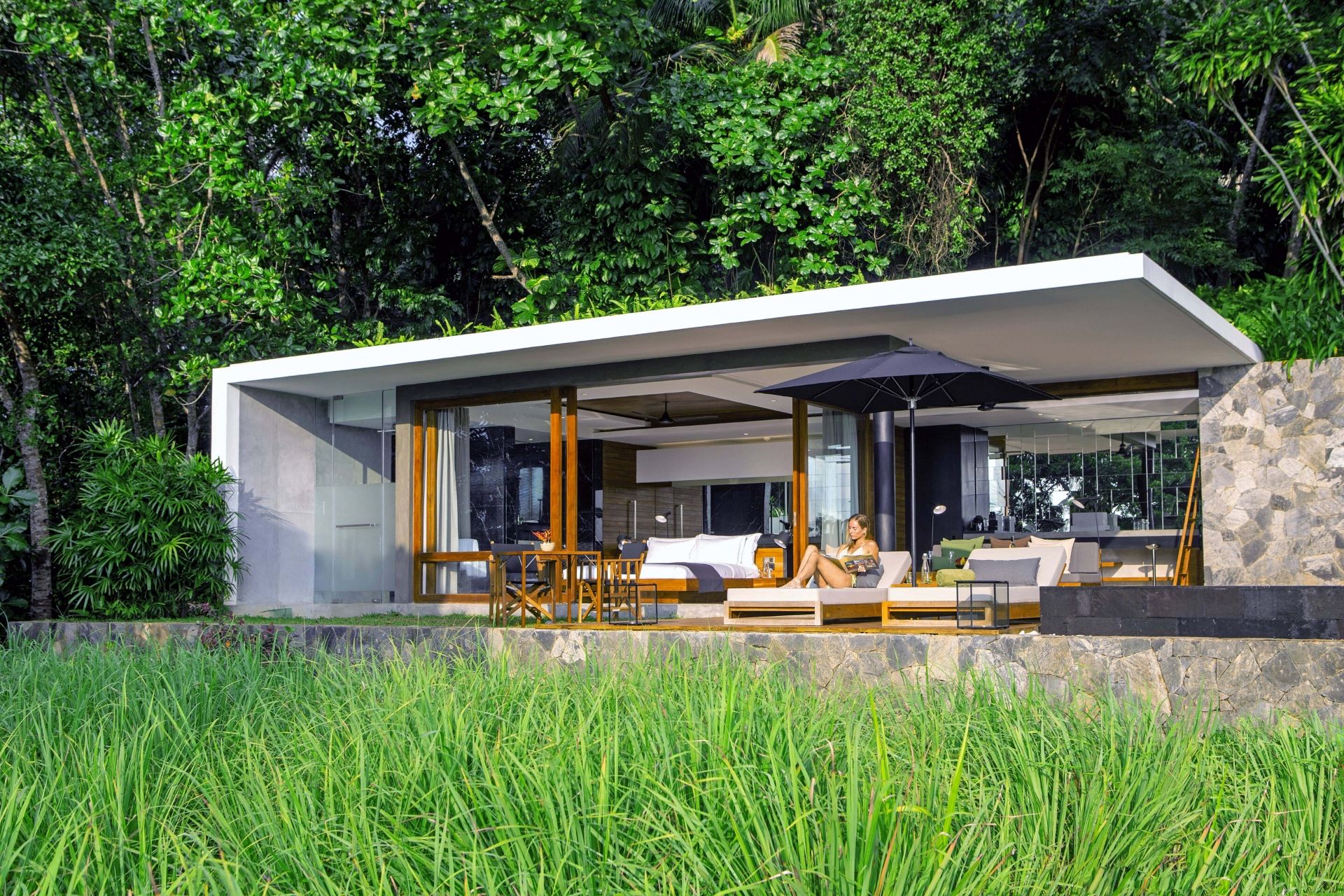 Saltwater plunge pool over looked by the contemporary style boutique villa